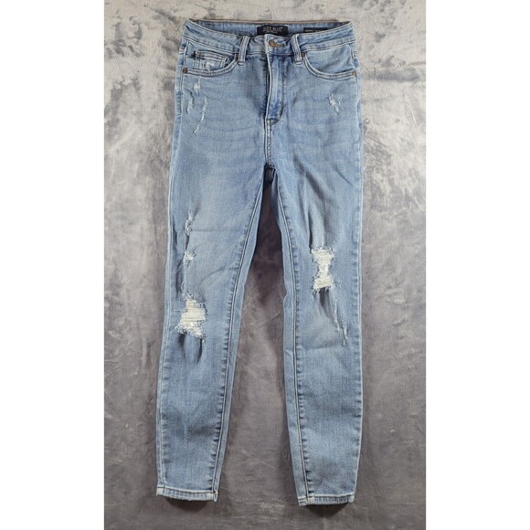 Judy Blue‎ Jeans Control Top Skinny Women's Size 5/27 Blue Denim Distressed - Picture 1 of 10